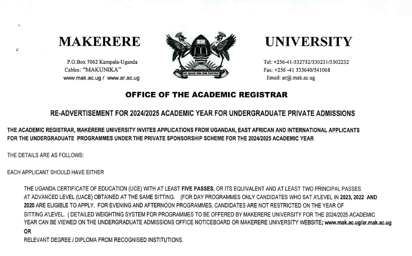 READVERTISEMENT FOR 20242025 ACADEMIC YEAR Makerere University